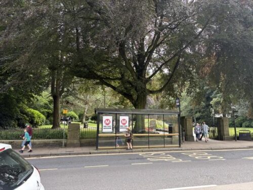 The bus stop outside Calder Holmes Park in Hebden Bridge where Tommy Lee Royce arrives in Happy Valley series 1