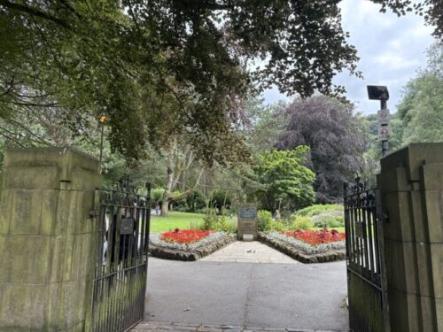 The entrance gates of Calder Holmes Park in Hebden Bridge