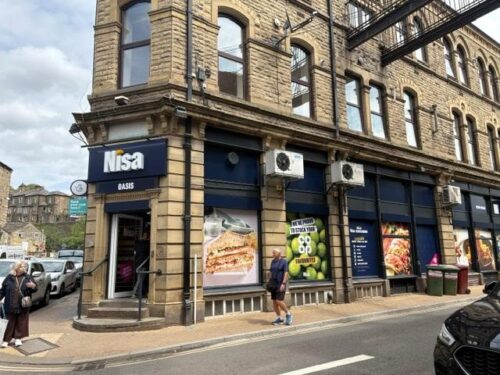 The corner doorway of the Nisa shop in Hebden Bridge where Tommy Lee Royce approaches Ryan
