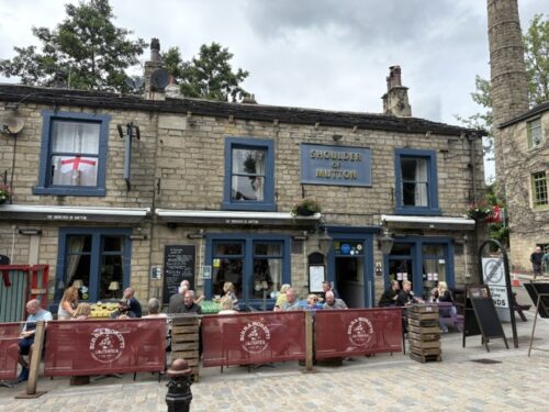 The Shoulder of Mutton pub and its outdoor seating in Hebden Bridge town centre