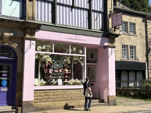 The pink shopfront of The Yorkshire Soap Company in Hebden Bridge, where Sarah Lancashire commissioned gifts for the Happy Valley cast and crew